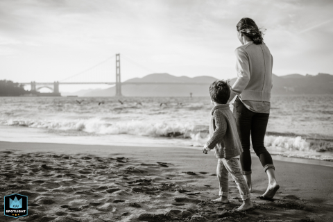 In this black and white photograph taken by a professional documentary-style family photographer in San Francisco, California, a mother calmly holds her son's hands as they stroll along a beach, serenely observing a flock of pelicans soaring over water.